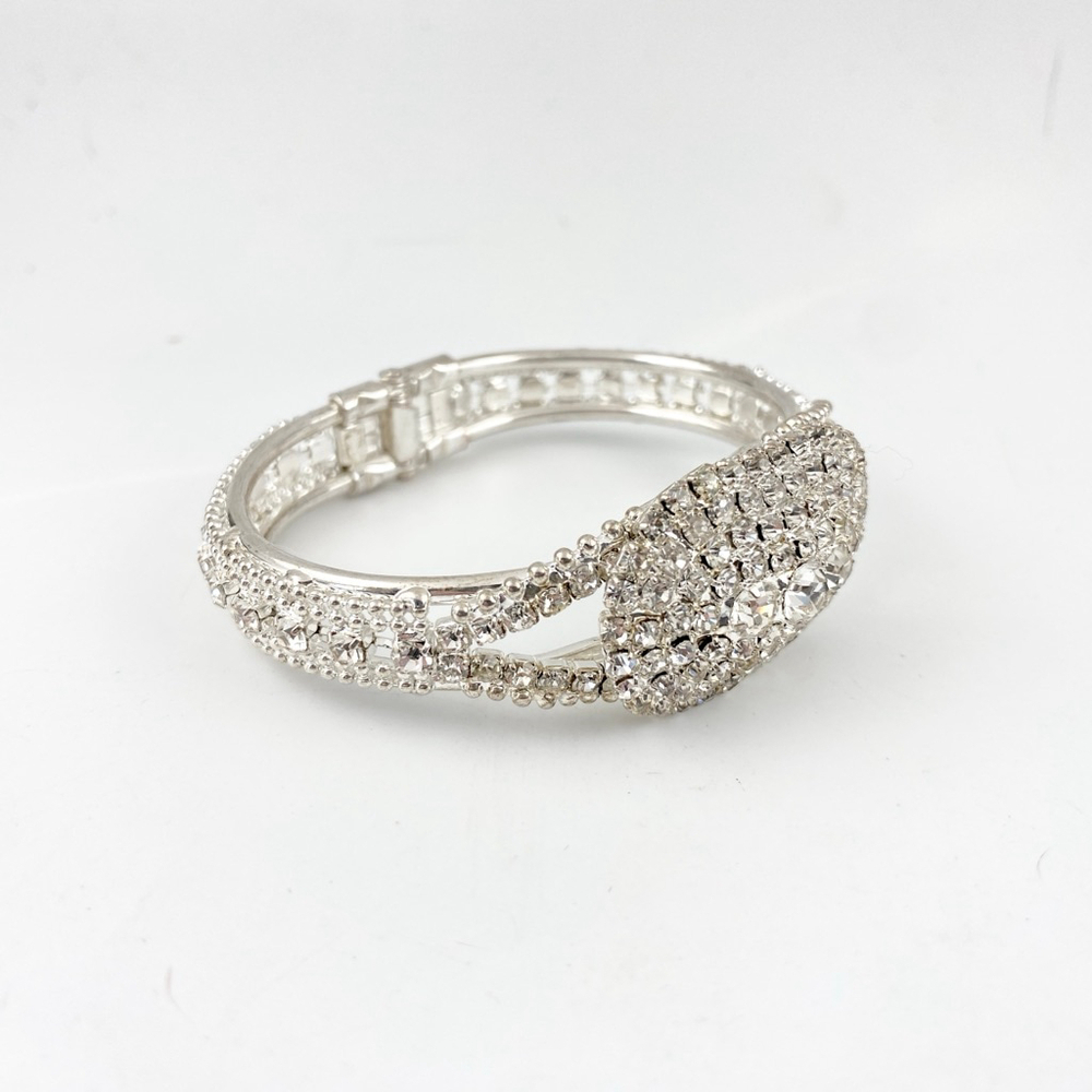 Vintage Silver tone Encrusted Clear Rhinestone Clamper Cuff Bracelet. Bridal - Picture 3 of 8